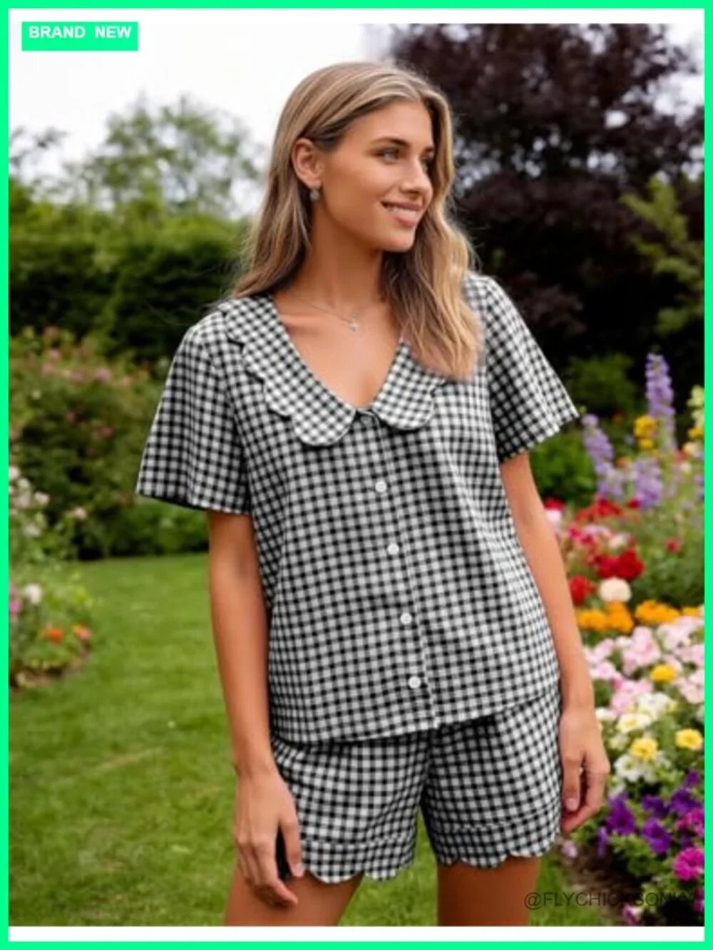 Gingham Pajama Set Cotton Scalloped Collar Pjs Shorts Lounge Set